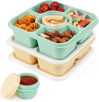 Original Lunchable Snack Containers - 5 Compartments Bento Snack Boxes with 1 Leakproof Small Containers, Wheat Straw, BPA-Free, Set of 2 (Bule+Pink)
