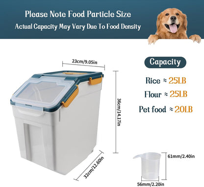 AnRui Airtight Flour Storage Container 25lb, Plastic Grain Storage Bucket, Rice Cereal Dispenser Organizer Box with Lid, Cat Dog Food Storage Bin with Measuring Cup, Scoop, Wheels, 2Pcs Green