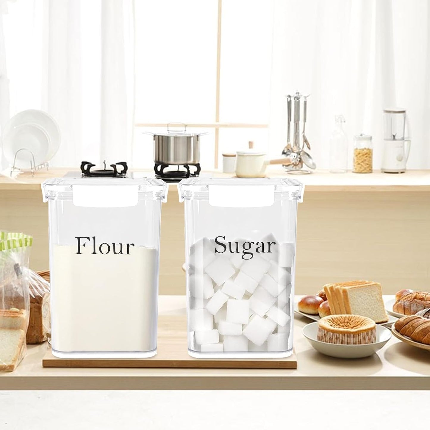 Set of 2 Large Food Storage Jars 4L - Airtight Containers with Lids, White with Free Spoon - Kitchen Canisters for Sugar,Flour,Coffee,Pantry Organization-S