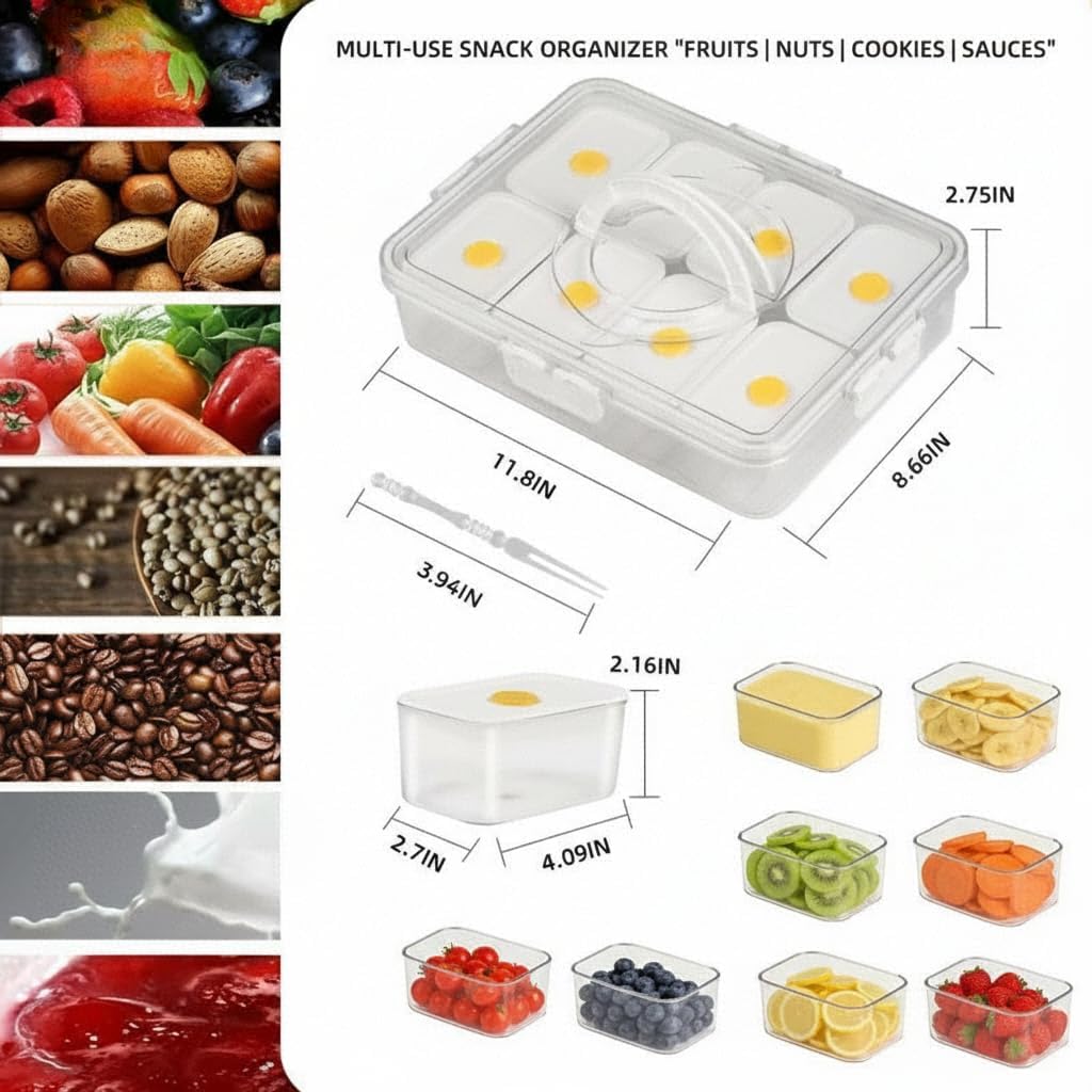 Premium Leak-Proof Snackle Box Container with 8 Clear Compartments & 8 Airtight Lids | Portable Clear Snack Tray with Lid & Handle | Divided Serving Tray for Fruits, Snacks, Sauces, Veggie & More