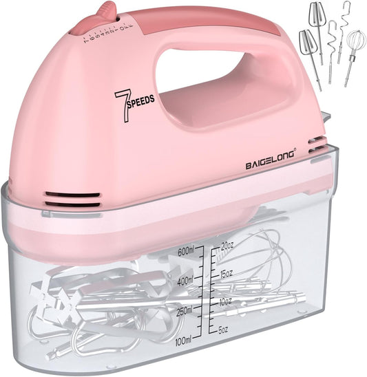 BAIGELONG Hand Mixer. 7-Speed Adjustable Kitchen Electric Mixer. With 5 Stainless Steel Attachments: 2 Hooks, 2 Beaters, 1 Whisk. Comes 1 Storage Box. Perfect for Bakers and New Starters. Pink