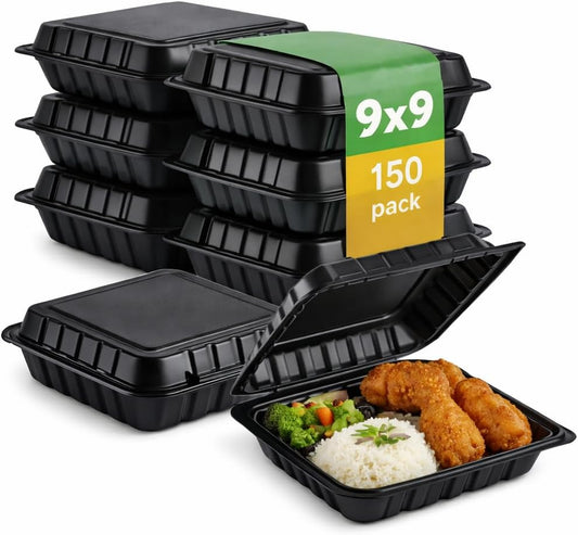 9x9 3-Compartment Hinged Vented Food Containers, 50 Pack – Clamshell Takeout Containers, Meal Prep Food Storage, 3 Compartment Food Containers, To Go Boxes & Cake Slice Box - Black