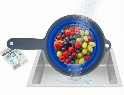 Collapsible Colander with Handle Space Saving Silicone Folding Strainer Blue