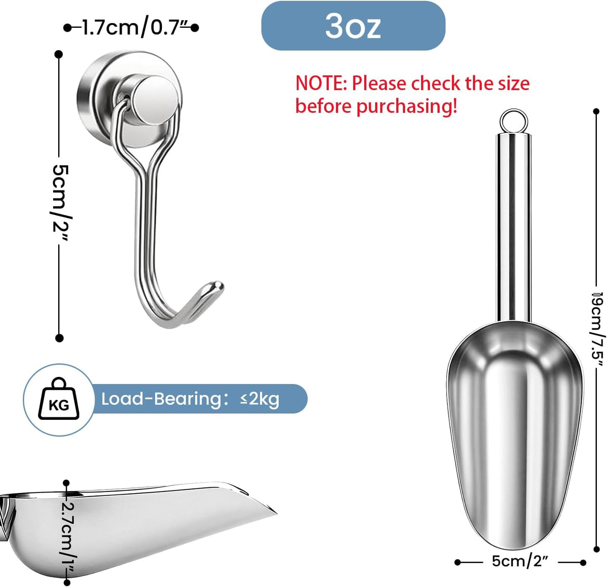 Wapodeai 6oz Stainless Steel Ice Scoop for Freezer with Magnetic Hook
