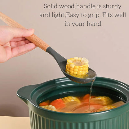 LorisArm Wooden Handle Silicone Spoon, 12" Rubber Spoon 4-Pack Nonstick Stirring Spoons for Baking Cooking and Mixing, Kitchen Serving Spoons (Grey, Green, White, Black).