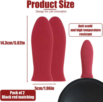 2 Pack Silicone Pan Handle Sleeve, Heat Resistant Cast Iron Skillet Handle Covers for Pots and Pans, Assist Handle Holder Grip for Kitchen Frying Griddles Cookware (Red & Black)