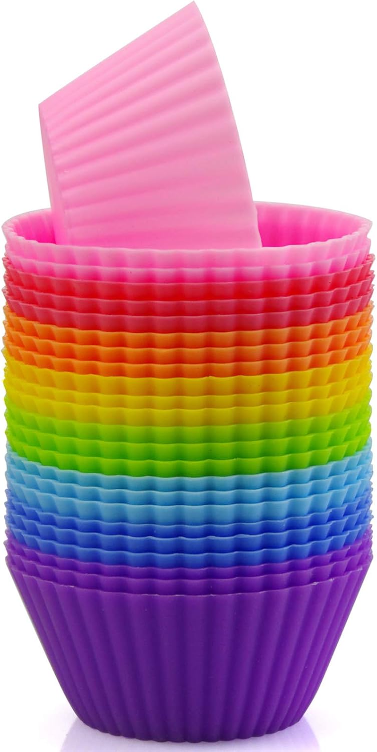 Silicone Cupcake Liners Reusable Silicone Baking Cups Nonstick Muffin Molds Easy Clean Silicone Muffin Liners, 24 Pieces in 8 Rainbow Colors