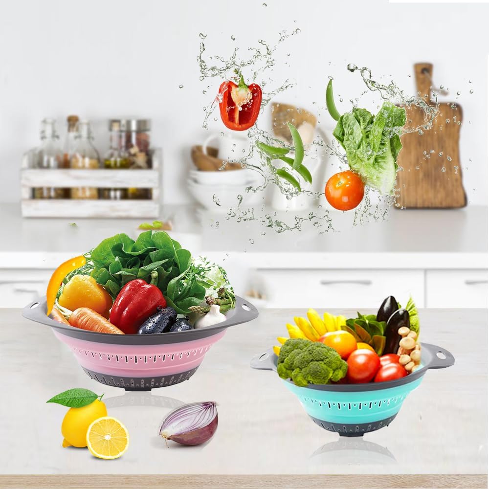 Collapsible Colander Set, Square Round Triangles Silicone Kitchen Strainer Perfect for Draining Pasta Vegetable fruit 2 PCS (10.8"L x 8.6"W x 2"H, Blue & Gray)