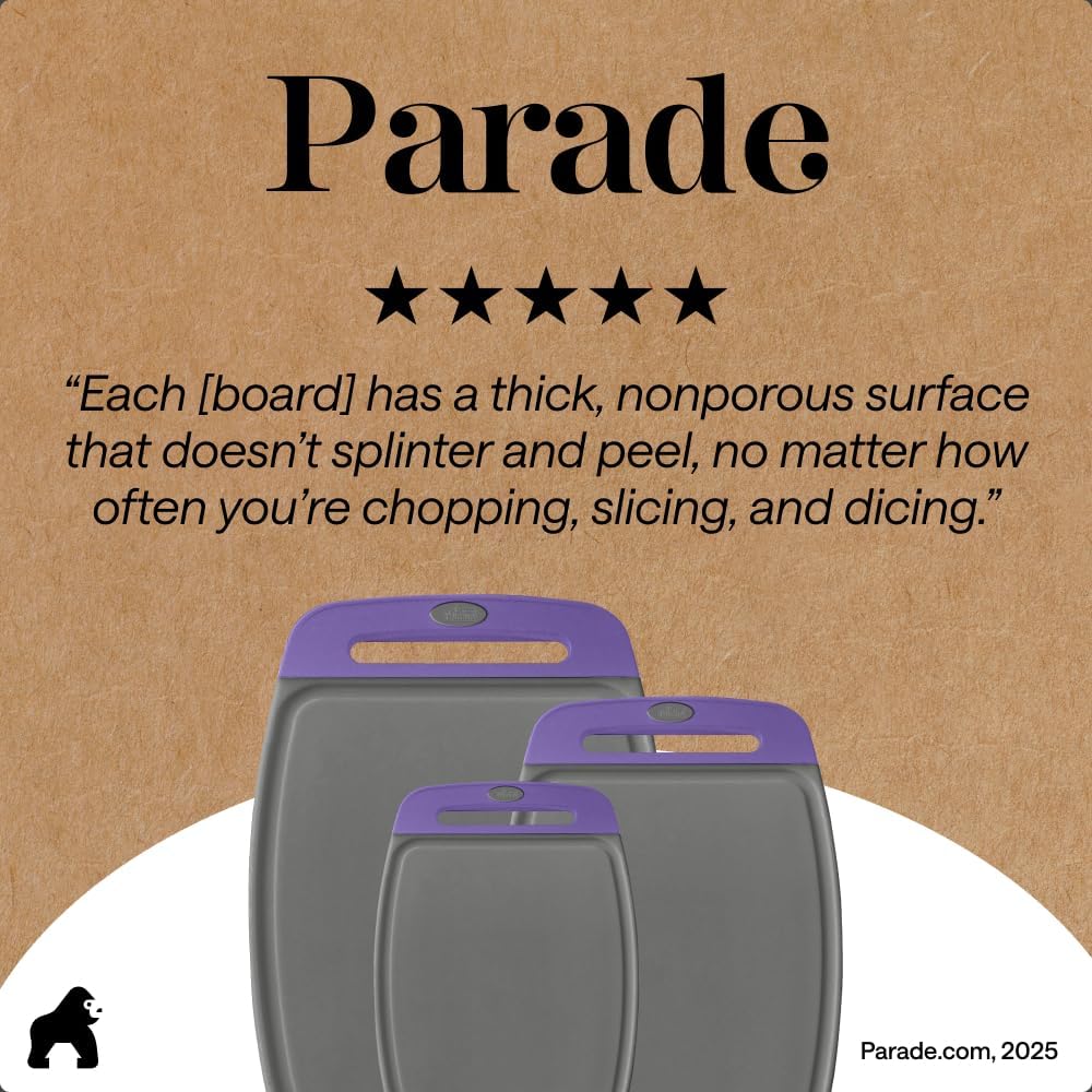 GORILLA GRIP BPA-Free Reversible Kitchen Cutting Board Set of 3, US Designed, Nonporous, Juice Grooves Catch Liquid, Slip Resistant Border, Dishwasher Safe, Durable Large Food Chopping Boards, Black