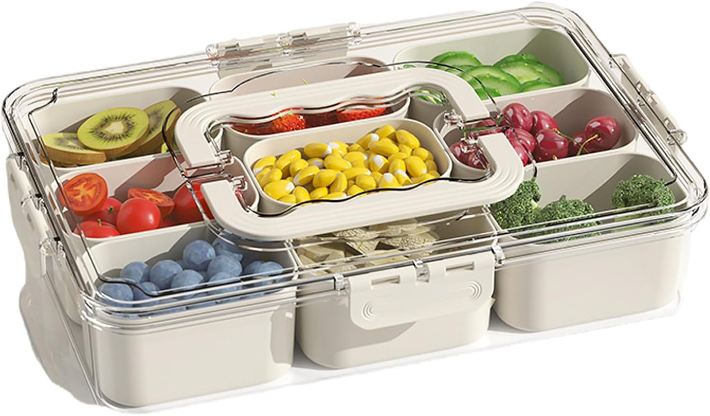 Divided Serving Tray with Lid and Handle - 9 Compartment Snack Box Container Portable Storage Organizer Container for Fruit, Candy, Veggie, Nuts, Spices& Snacks, Perfect for Party, Travel& Picnic