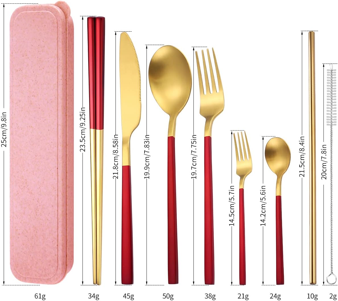 AARAINBOW 8 Pieces Stainless Steel Flatware Set Portable Reusable Cutlery Set Travel Utensils Set Including Chopsticks Knife Fork Spoon Straws Cleaning Brush Dishwasher Safe (Pink Golden)