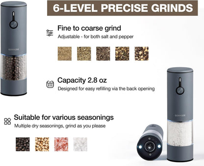 Stainless Steel Rechargeable Electric Salt and Pepper Grinder Set – USB Charging, One-Hand Electric Mill, Adjustable Coarseness, LED Light & Dust Cover –2pack(Greige & Buttercream)