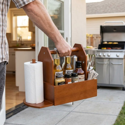 Grill Caddy for Outdoor Grill with Paper Towel Holder, Wooden BBQ Organizer for Utensils, Plates, Condiments and Silverware Rustic Picnic Table Caddy for Camping, Backyard Cooking and BBQ Accessories