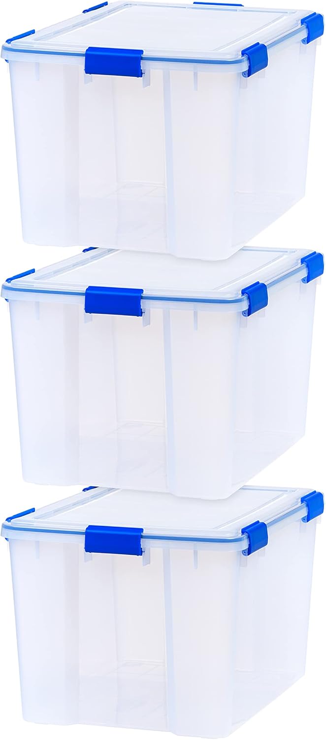 IRIS USA WeatherPro 16 Qt Storage Bins with Lids, 3 Pack, BPA-Free Plastic Gasket Box with Tight Latch and Seal, Stackable Nestable Tote Tub - Clear/Blue