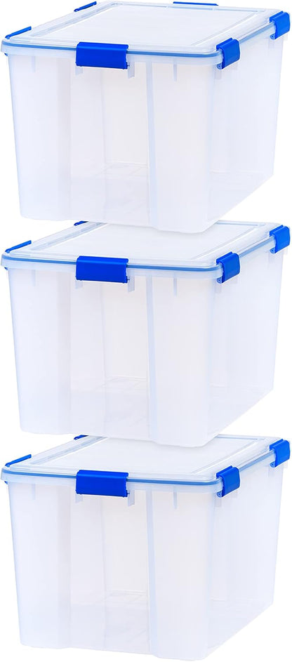 IRIS USA WeatherPro 16 Qt Storage Bins with Lids, 3 Pack, BPA-Free Plastic Gasket Box with Tight Latch and Seal, Stackable Nestable Tote Tub - Clear/Blue