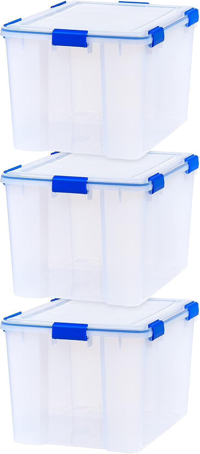 IRIS USA WeatherPro 16 Qt Storage Bins with Lids, 3 Pack, BPA-Free Plastic Gasket Box with Tight Latch and Seal, Stackable Nestable Tote Tub - Clear/Blue