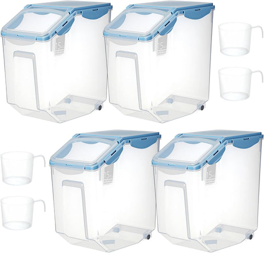 Umigy 4 Pack Rice Storage Container With Wheels Plastic Airtight Lid Flour Container Bin for Dog Pet Cereal Grain Dry Food, 15 Liter / 30 lbs (Blue)