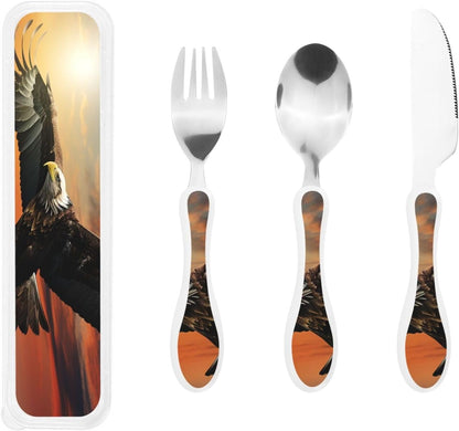 3-Piece Kids Silverware Set With Storage Case, Stainless Steel Reusable Children Safe Knife Spoon Fork Set Easter Bunny Eggs Spring Flower Rabbit Children Flatware Set For Kids Lunch Box