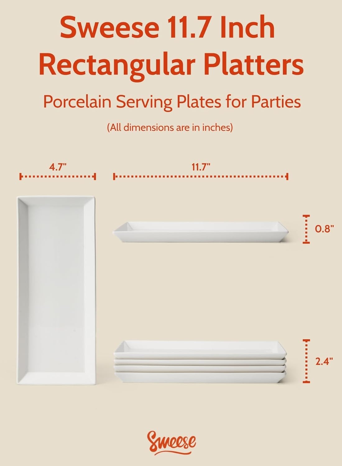 Sweese Serving Platter, 15.5/13.8/11.7 Inch Rectangle Porcelain Serving Trays, Serving Dishes for Entertaining, White Platters for Serving Food Party, Turkey Platter for Thanksgiving, Set of 3