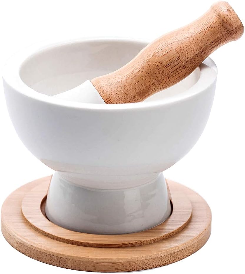 E-liu Porcelain Mortar and Pestle Set with Lid, Functional for Grinding