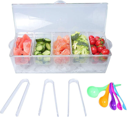 MorTime Ice Chilled Condiment Server with 5 Removable Compartments, Clear Sauce Caddy Serving Tray Container with Lid, 3 Serving Spoons & 3 Tongs Included