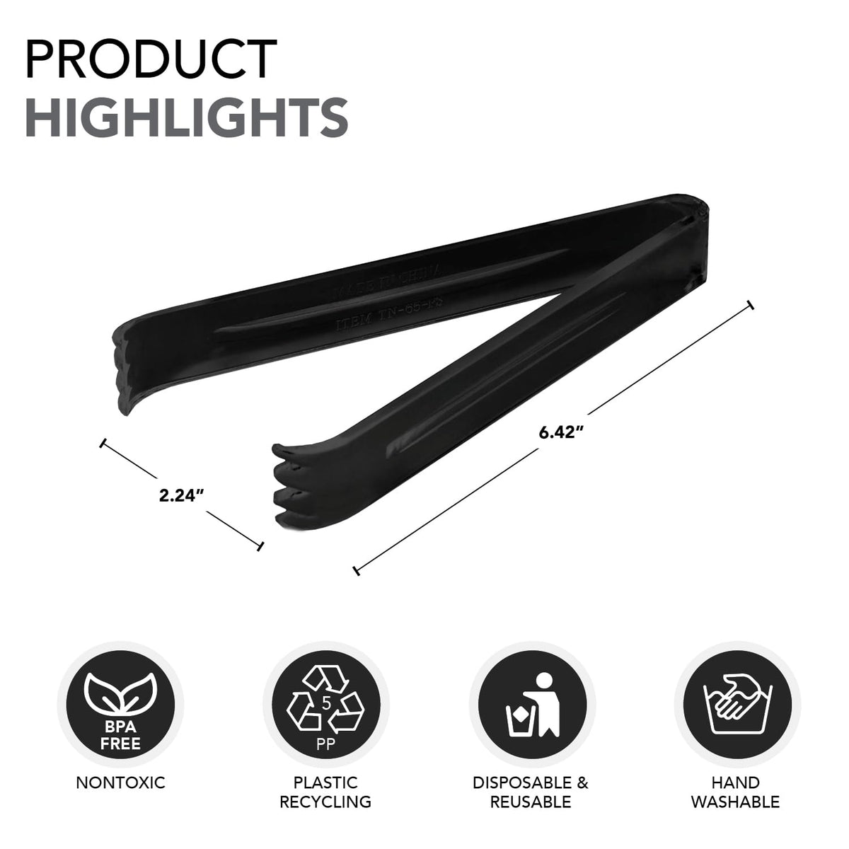 Party Essentials - N617 Hard Plastic Serving Tongs, 6.5", Black