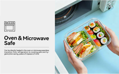 5Pack (32oz-3 Compartments with Lunch Bag) Glass Food Storage Containers with Lids for Kitchen Meal Prep, Fridge Organization, Lunch Box