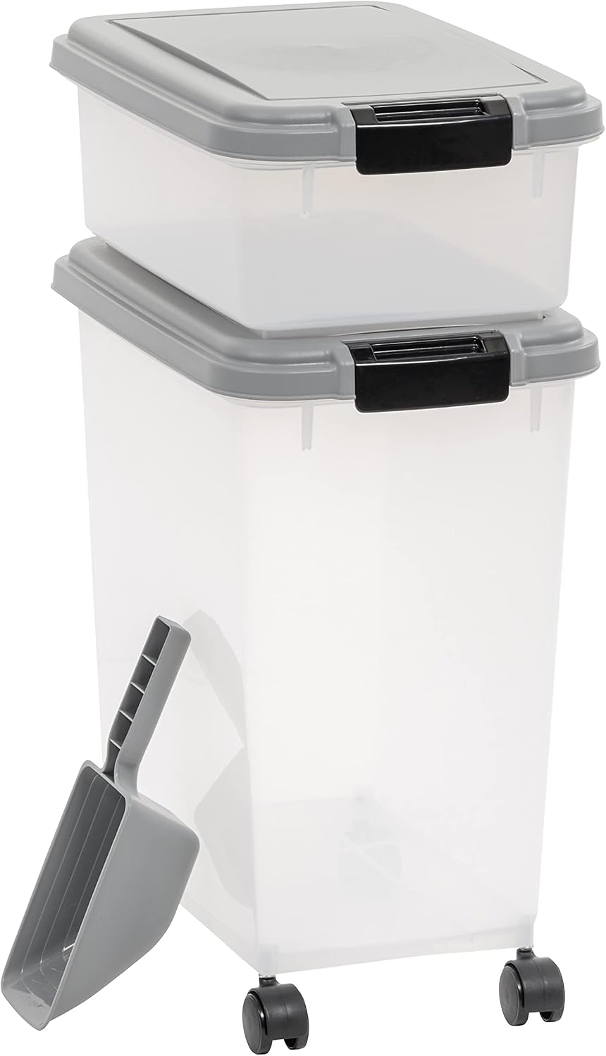 Amazon Basics Airtight Pet Food Storage Container with Scoop, BPA Free, Removable Wheels, 69 QT, Gray