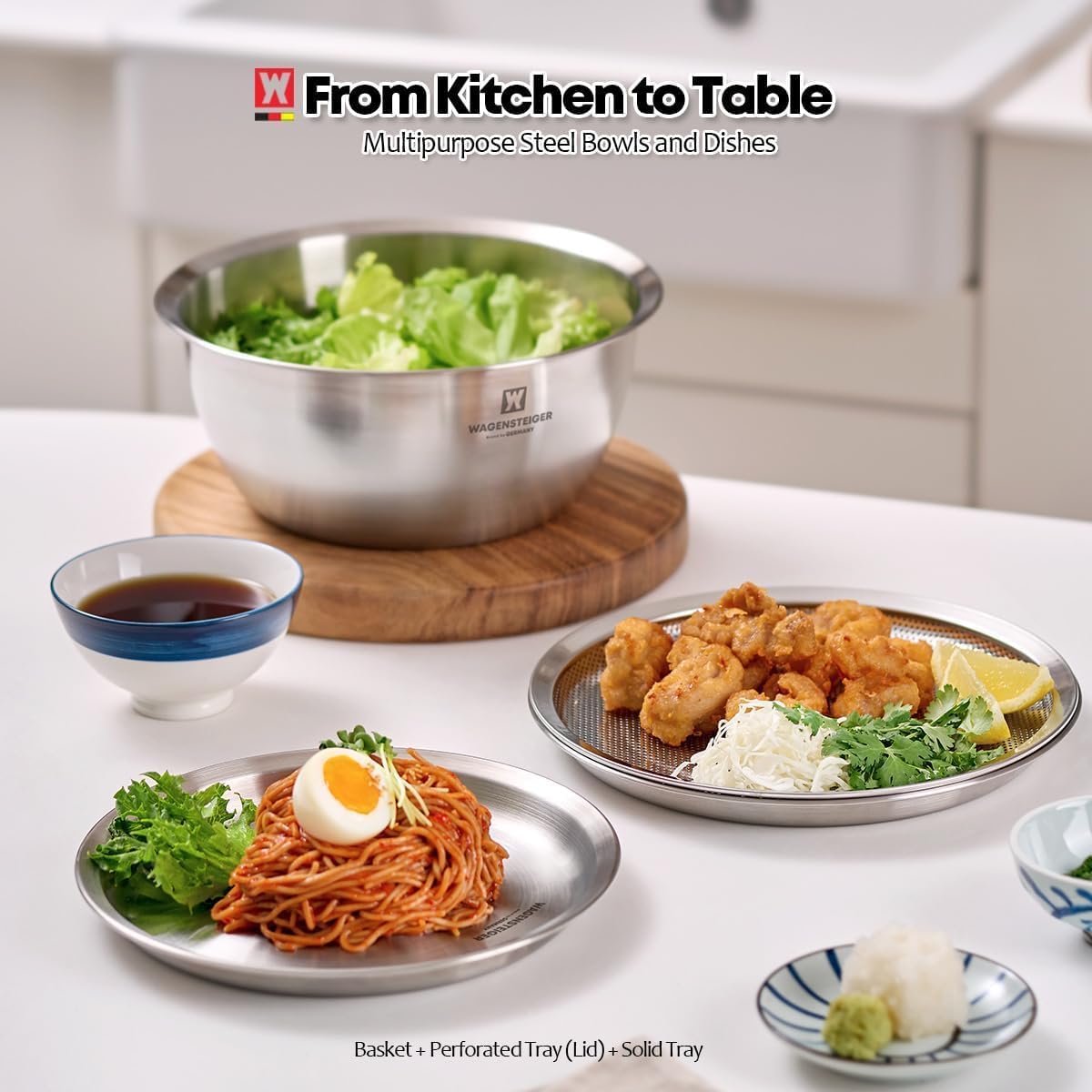 WAGENSTEIGER 3-Piece Stainless Steel Mixing Bowl Set with Strainer & Oil Drain Tray – Nesting Prep & Baking Bowls with Measurement Marks (9.45 in)