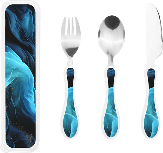 Stainless Steel Kids Silverware Set, Blue Fabric Utensil Set Reusable Children Safe Knife Spoon Fork Set With Storage Case Dishwasher Safe For Lunch, Travel Outdoors
