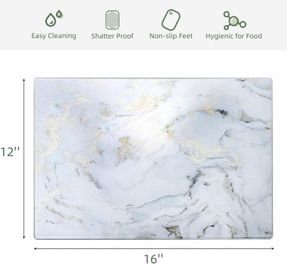 WRINGKIT Set of 2 Glass Cutting Board with Marble Pattern, Tempered Glass Chopping Board with Non-Slip Feet, 16"x 12" Large Glass Board for Countertop, Kitchen, Easy to Clean
