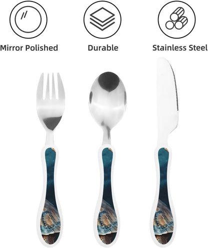 Stainless Steel Kids Silverware Set, Turtle Swimming In The Sea Utensil Set Reusable Children Safe Knife Spoon Fork Set With Storage Case Dishwasher Safe For Lunch, Travel Outdoors