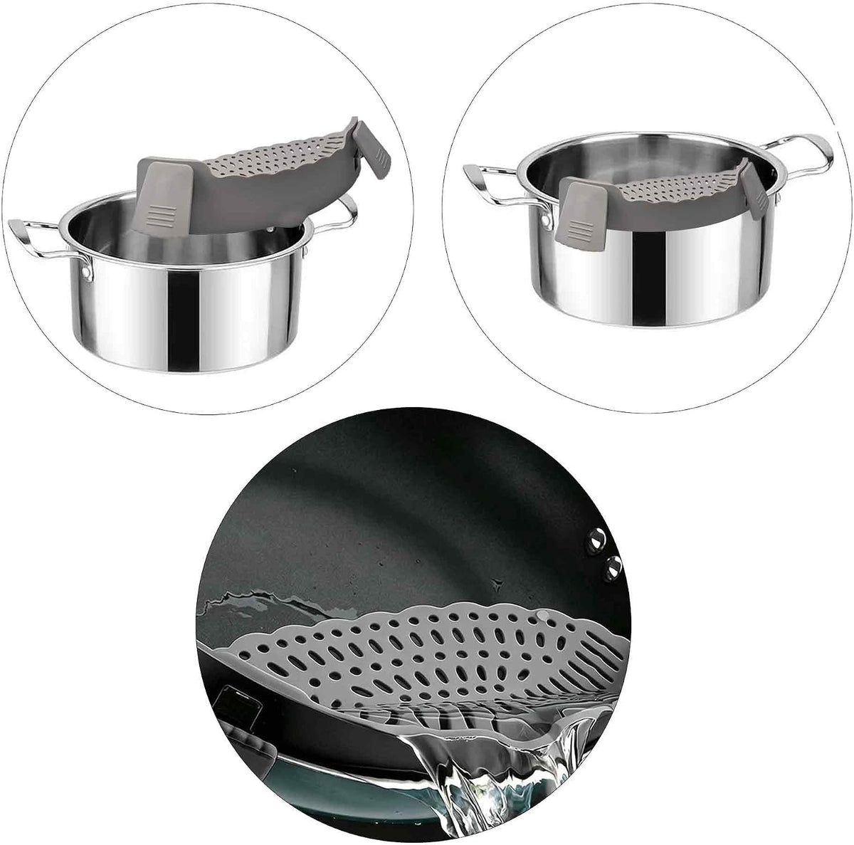 Blue Silicone Clip On Strainer, Universal Pot Colander for Draining Pasta, Vegetables and Kitchen Cooking
