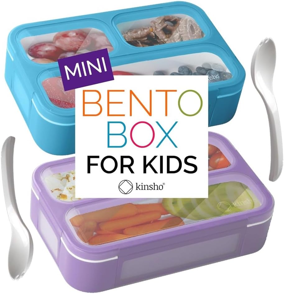 Small Snack Containers for Kids Toddlers - 3 Compartments (Set of 2) - Leak-Proof Reusable Boxes with Lids - BPA-Free Plastic Mini Bento Lunch Box - Holds 2 Cups Capacity (Pastel Blue+Teal Sparkle)