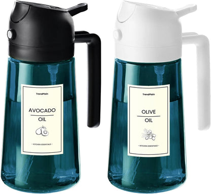 TrendPlain 16oz/470ml Blue Glass Olive Oil Sprayer for Cooking - 2 in 1 Olive Oil Dispenser for Kitchen Gadgets, Air Fryer, Salad, and BBQ - Black