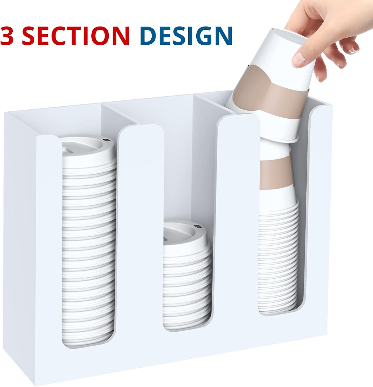 KOTEMON Acrylic Cup and Lid Holder, 3 Compartment, Disposable Coffee Cup Dispenser Cup Storage Organizer, Clear