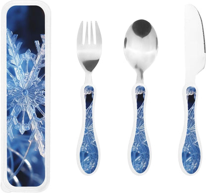 3-Piece Kids Silverware Set With Storage Case, Stainless Steel Reusable Children Safe Knife Spoon Fork Set Blue Lotus Floral Children Flatware Set For Kids Lunch Box