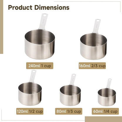 5 Pcs Stainless Steel Measuring Cups Set - Including 1/4, 1/3, 1/2, 2/3, 1 Cup All Clad Flat Bottom Spoons, Long-Term, Easy to Clean, Nesting Design for Kitchen Baking Cooking
