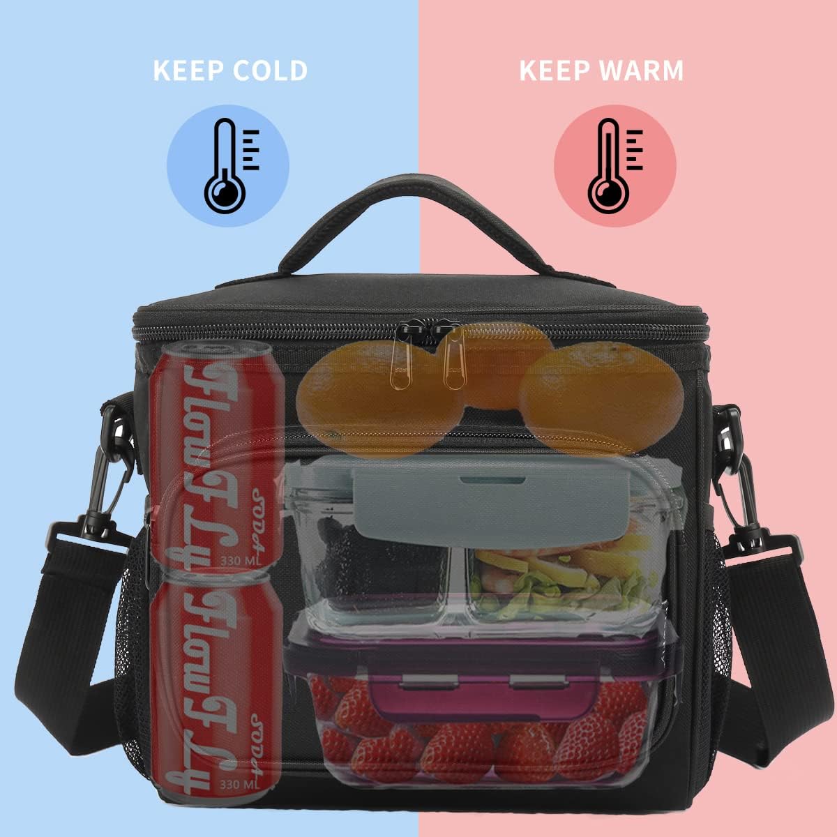 FlowFly Insulated Reusable Lunch Bag Adult Large Lunch Box for Women and Men with Adjustable Shoulder Strap,Front Zipper Pocket and Dual Large Mesh Side Pockets,Cherry - Colors A