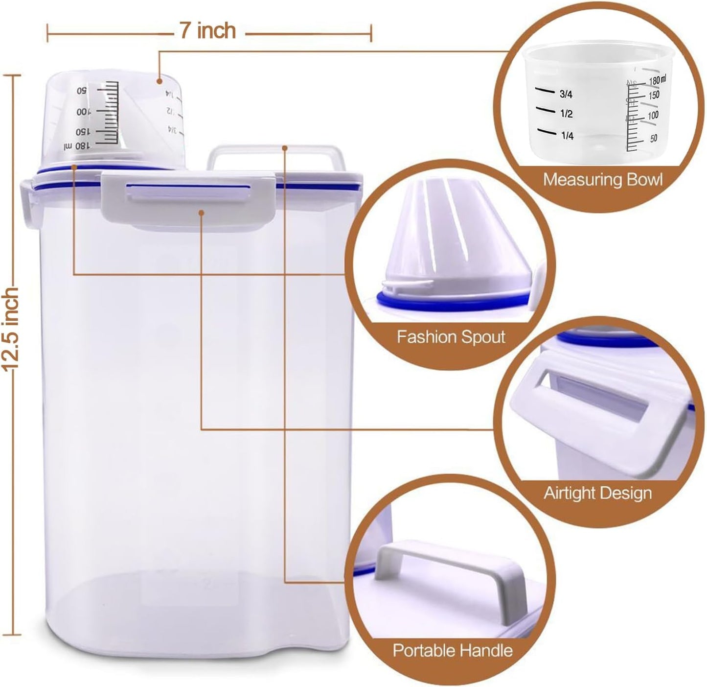 TIOVERY Upgraded Dog Food Storage Container Small, Cat Food Container Airtight, Pet Food Container Dispenser with Pour Spout, Measuring Cup and 4 Seal Buckles for Dogs, Cats, Birds (Blue)
