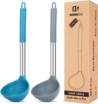 Pack of 2 Ladle Spoon,Silicone Large Spoon for Soup,Non Stick Kitchen Utensils with High Heat Resistant,BPA Free Perfect Kitchen Tools for Cooking, Stirring,Serving Soups (BLACK-WHITE)