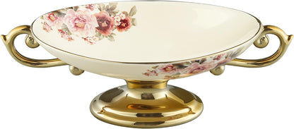 fanquare 3 Compartment Platter, Gold Porcelain Appetizer Serving Tray, Floral Ceramic Divided Serving Plate for Fruit, Candy, Nuts