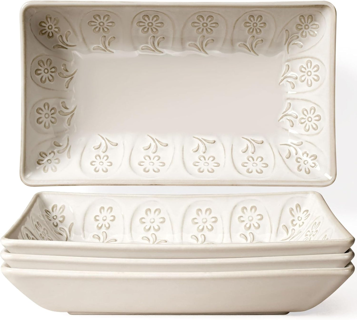 Artena 9.85" Ceramic Rectangle Plates Set of 4 - Deep Lipped Edges, Appetizer Salad Sushi Pasta Dessert Plates, Microwave/Oven Safe, Cute Kitchen Dinner Restaurant Serving Dishes (Wheat Leaf)