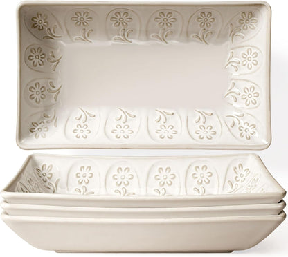 Artena 9.85" Ceramic Rectangle Plates Set of 4 - Deep Lipped Edges, Appetizer Salad Sushi Pasta Dessert Plates, Microwave/Oven Safe, Cute Kitchen Dinner Restaurant Serving Dishes (Wheat Leaf)