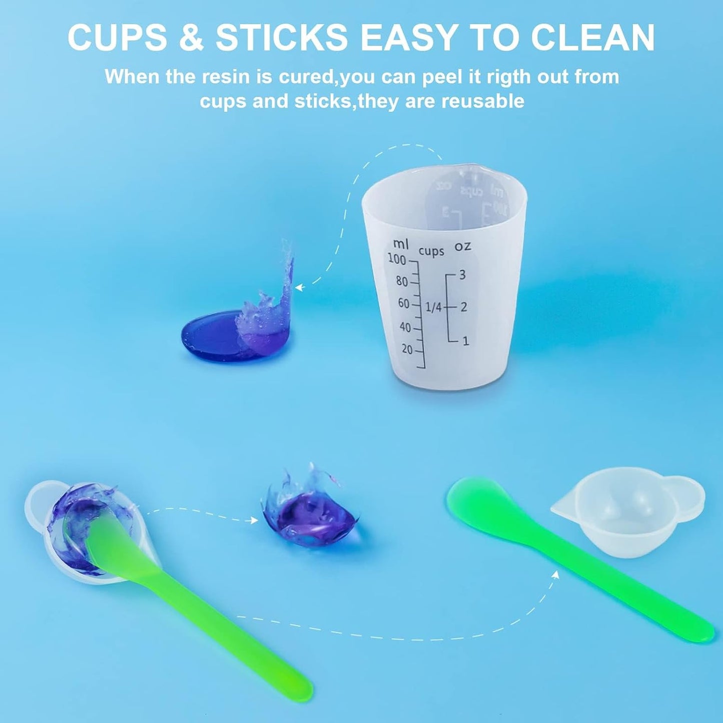 Creahaus Silicone Measuring Cups Tool Kit for Resin, Non-Stick 250 & 100ml Epoxy Mixing Cups, Reusable Resin Supplies with Silicone Mat, Stir Sticks, Pipettes, Cups for Molds, Jewelry Making