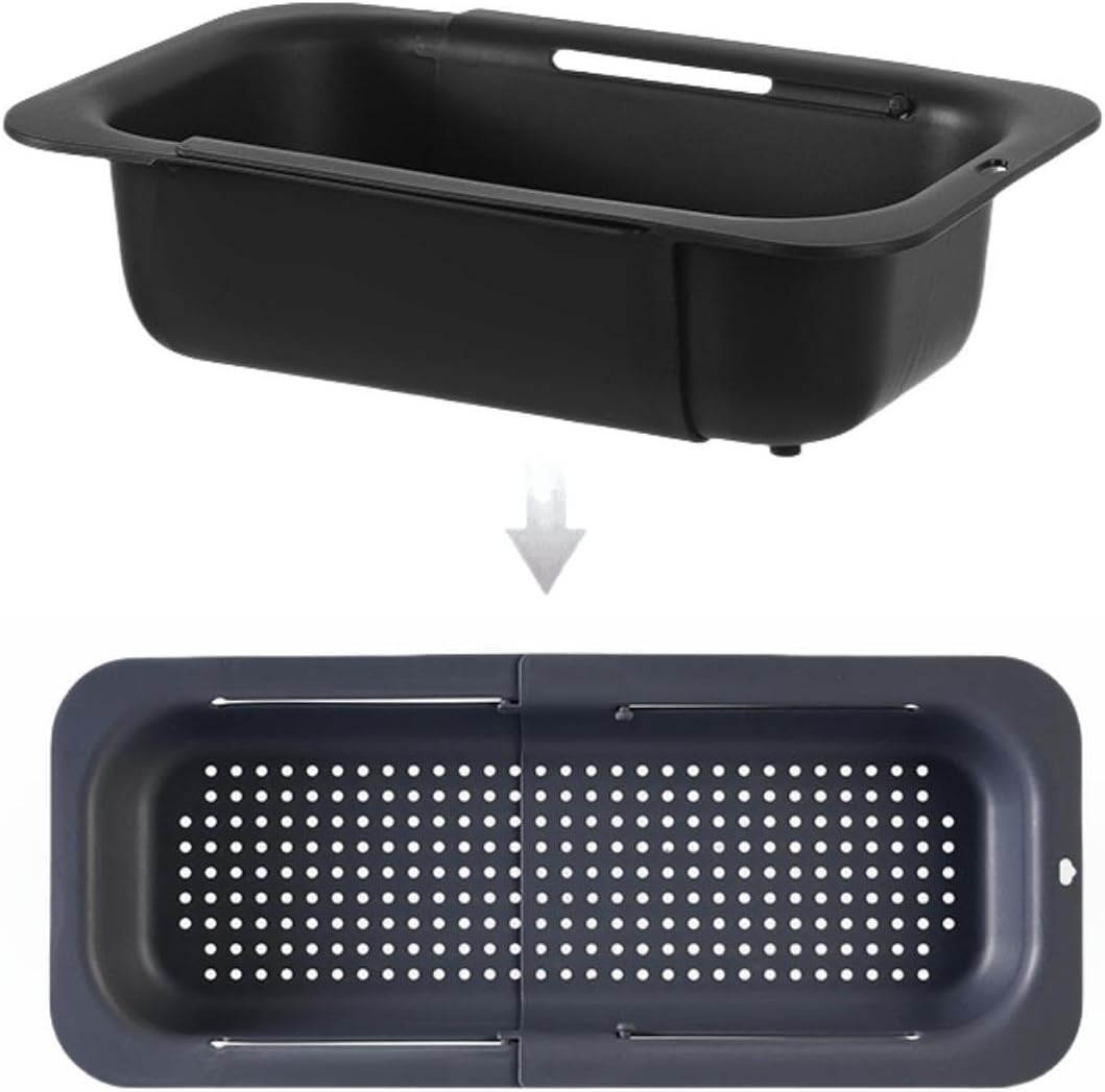 Extendable Over the Sink Colander Strainer Basket, Plastic Retractable Kitchen Sink Basket - Wash Vegetables, Fruits, Drain Pasta and Dry Dishes L (black XL)