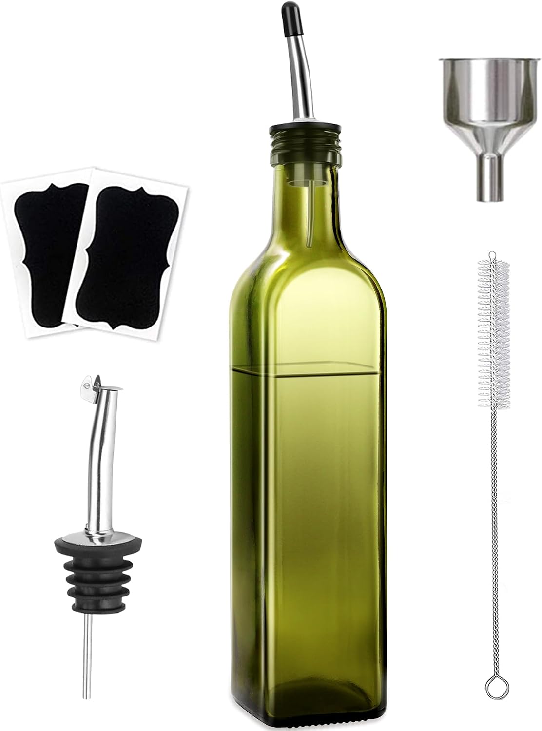 Leaflai Olive Oil Dispenser Bottle, Glass Olive Oil Dispenser and Vinegar Dispenser Set with Stainless Steel Pourers, 4 Labels,1 Brush and 1 Funnel Oil Bottles for Kitchen (500ml)