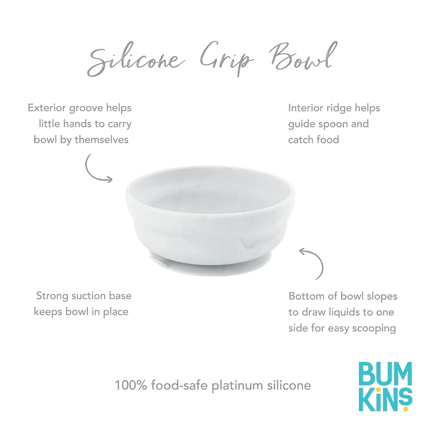 Bumkins Baby Bowl, Silicone Suction, for Babies, Toddlers and Kids, Baby Led Weaning, Feeding Essentials, Platinum Silicone, Non Skid Sticky Bottom, Supplies for Children Ages 6 Months Up, Gray