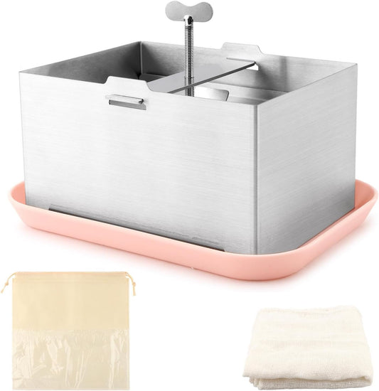 Tofu Press Stainless Steel with Tofu Presser Towel and Drip Tray for Homemade Tofu, DIY Paneer Maker Vegan Cheese Press Kitchen Tool with Adjustable Pressure