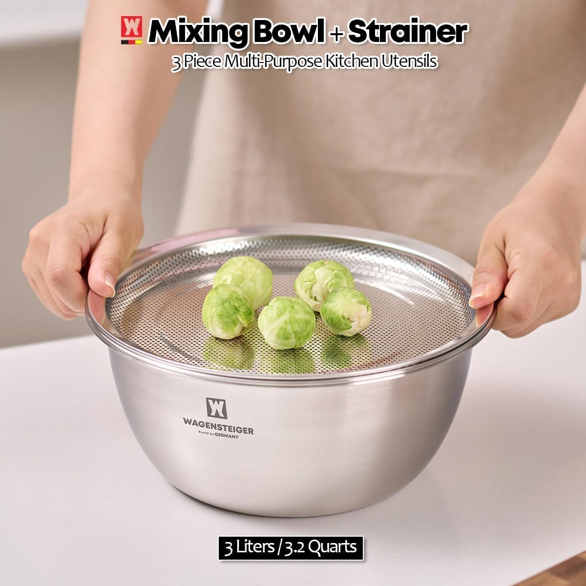 WAGENSTEIGER 3-Piece Stainless Steel Mixing Bowl Set with Strainer & Oil Drain Tray – Nesting Prep & Baking Bowls with Measurement Marks (9.45 in)